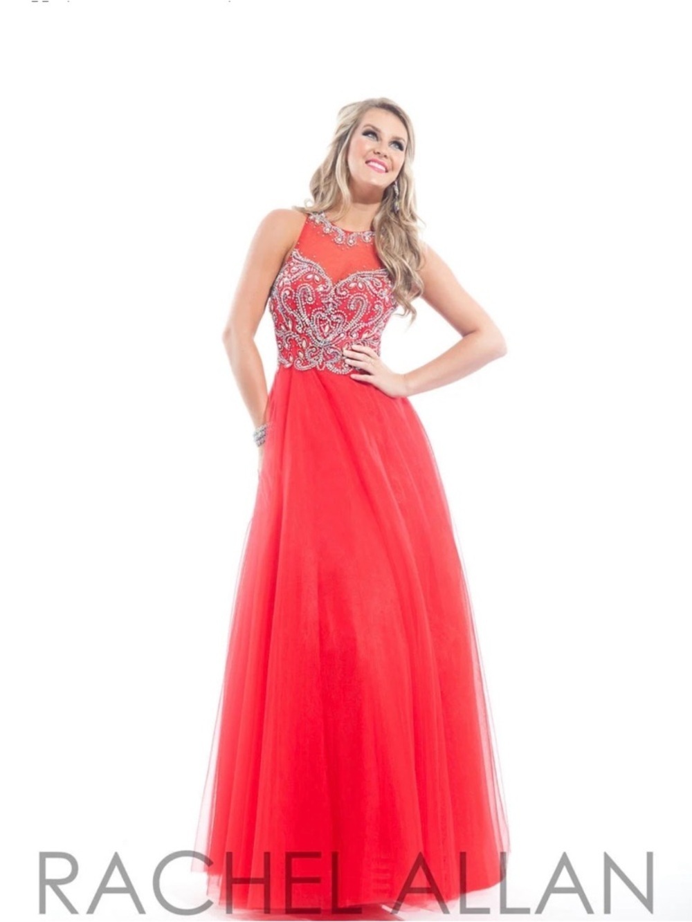 Rachel Allan Red Beaded Pageant Prom Gown Dress Formal Tulle (Sz Large)